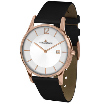 Jacques LEMANS London Rose Gold Black Leather Strap