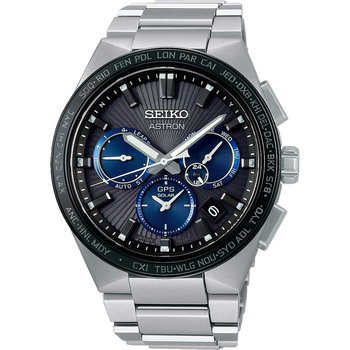 SEIKO Astron Sunray Dark Night GPS Solar Dual Time Silver Titanium Bracelet