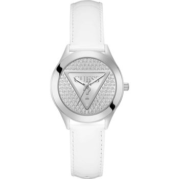 GUESS Glitz Plaque Crystals White Leather Strap