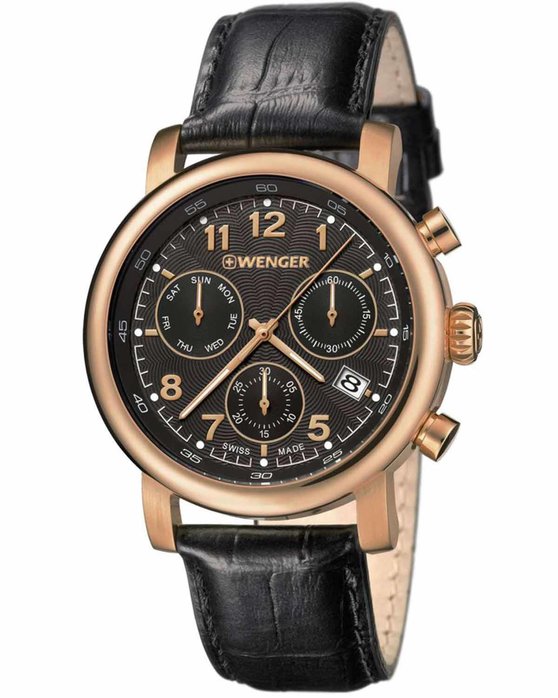 WENGER Urban Chrono Rose Gold Black Leather Strap