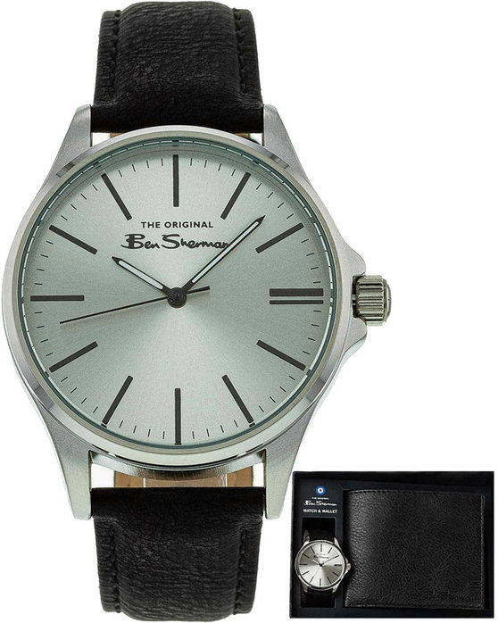 BEN SHERMAN Mens Black Leather Strap Gift Set