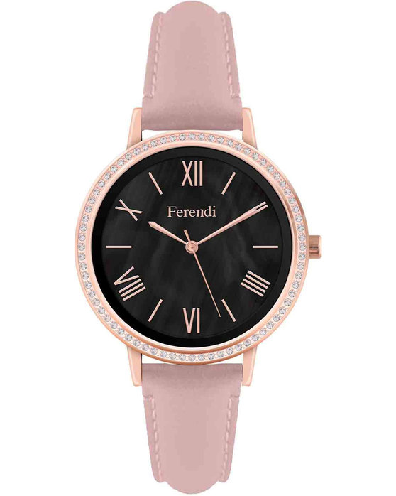 FERENDI STEEL Black Pearl Crystals Pink Leather Strap