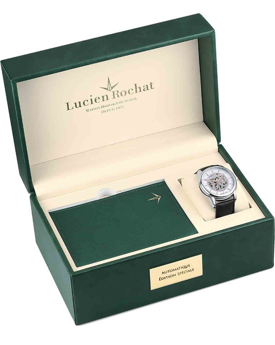 LUCIEN ROCHAT Iconic Automatic Black Leather Strap Gift Set