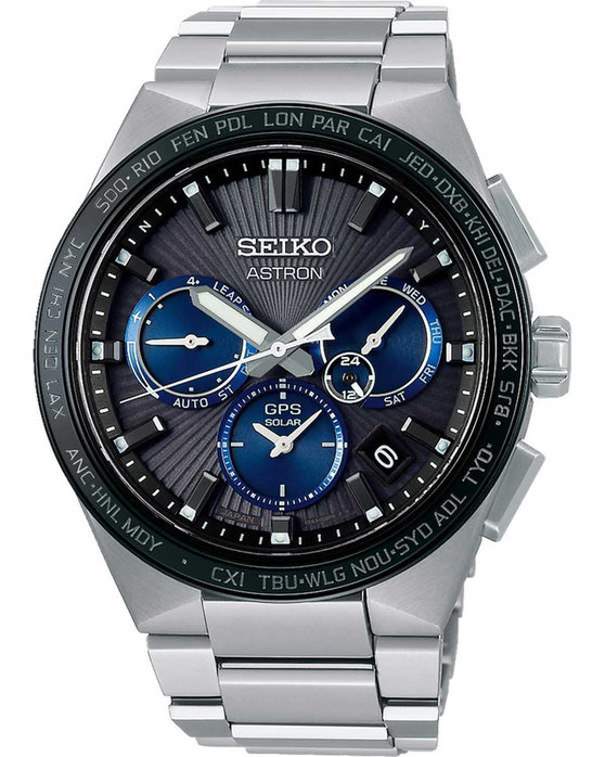 SEIKO Astron Sunray Dark Night GPS Solar Dual Time Silver Titanium Bracelet