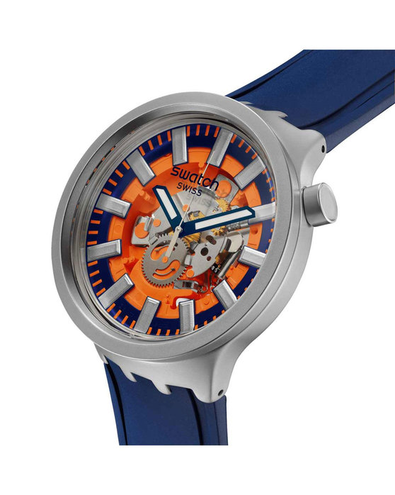 SWATCH Big Bold Irony Orange In The Works Blue Rubber Strap