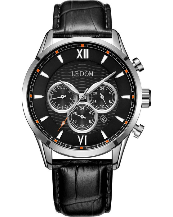 LEDOM Aviator Dual Time Black Leather Strap