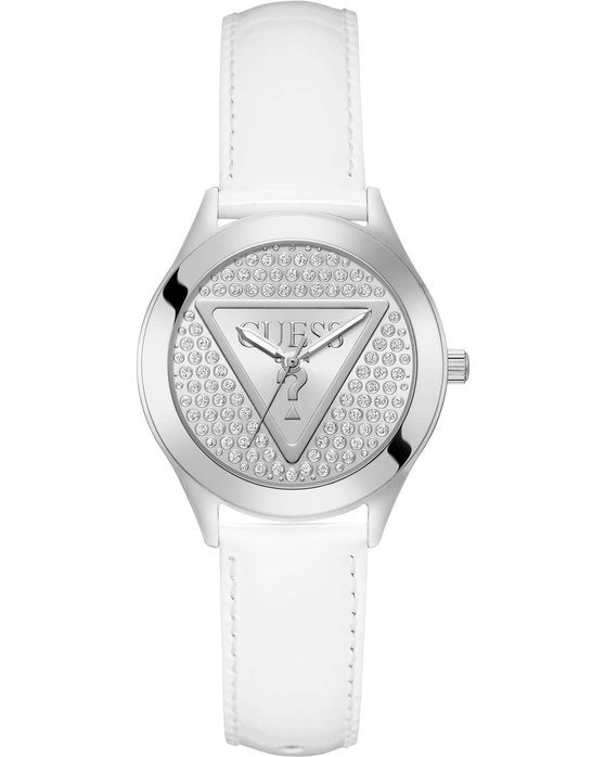 GUESS Glitz Plaque Crystals White Leather Strap