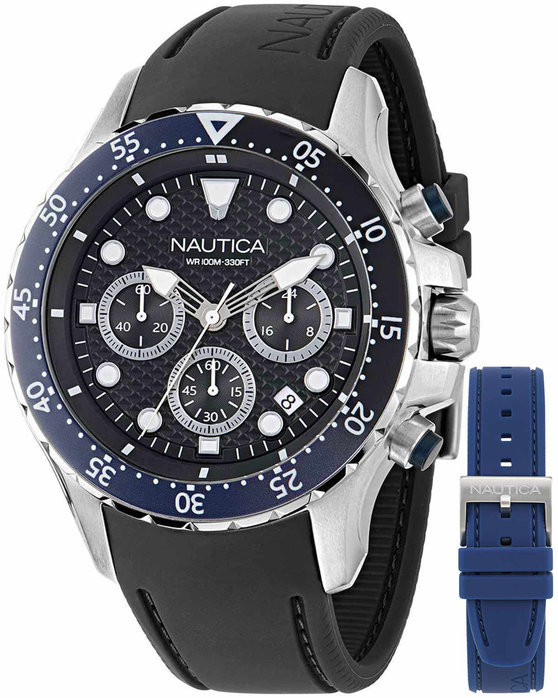 NAUTICA NST Chronograph Black Silicone Strap Gift Set