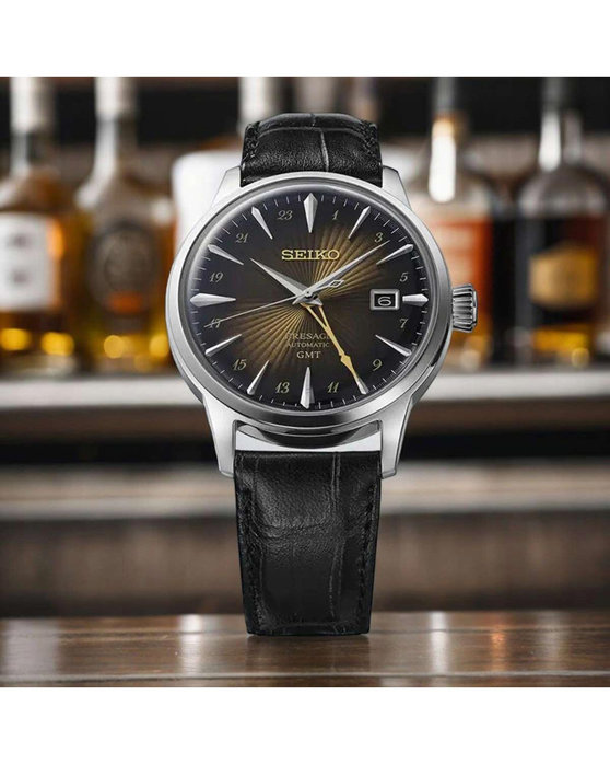 SEIKO Presage 'Rusty Nail' Cocktail Time Automatic GMT Black Leather Strap