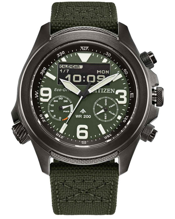 CITIZEN Promaster Land Eco Drive Dual Time Chronograph Green Cordura Fabric Strap