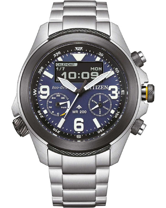 CITIZEN Promaster Land Eco Drive Dual Time Chronograph Silver Stainless Steel Bracelet