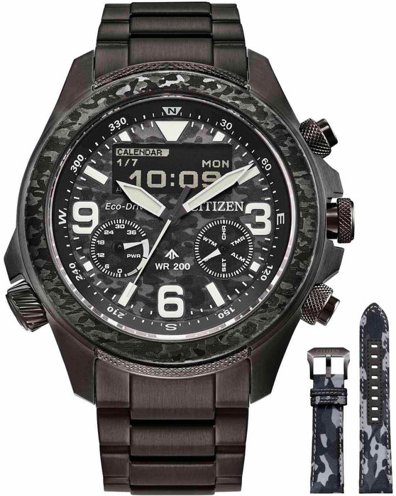 CITIZEN Promaster Land Eco Drive Dual Time Chronograph Black Stainless Steel Bracelet Limited Edition Gift Set