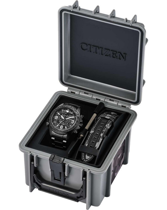 CITIZEN Promaster Land Eco Drive Dual Time Chronograph Black Stainless Steel Bracelet Limited Edition Gift Set